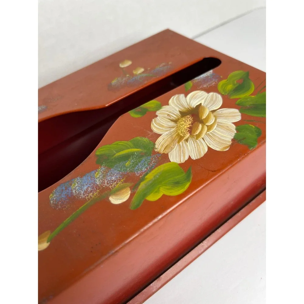 Vintage Metal Tissue Holder Hand Painted Floral Wall Mount Toleware Cottagecore
